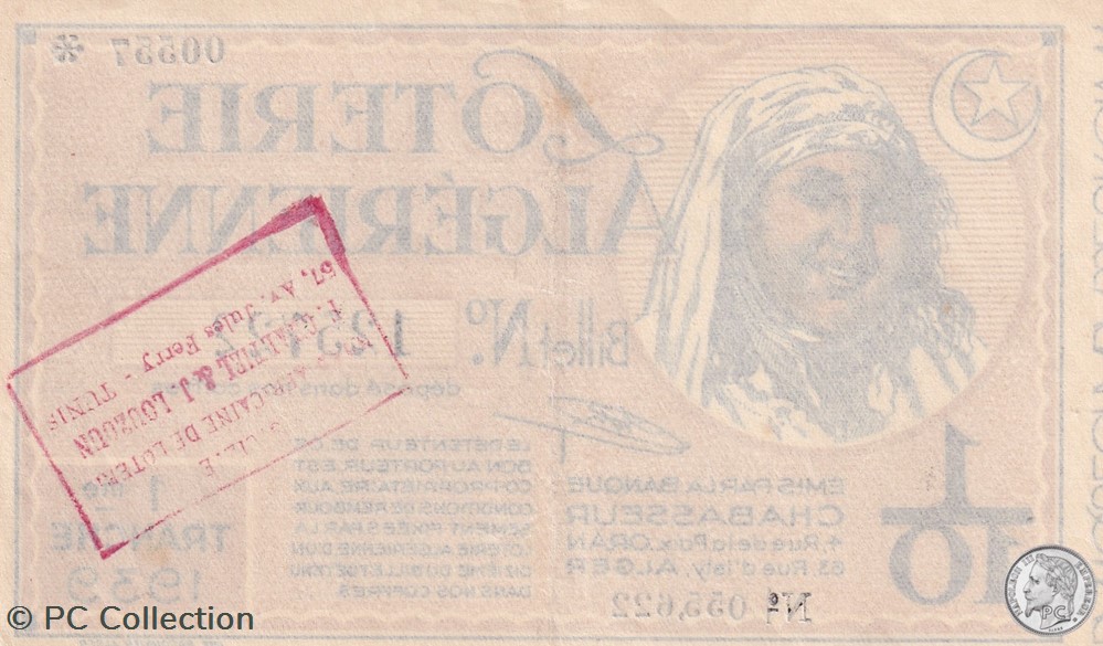 Loterie Algérienne 1/10éme 1ere Tranche 1939 billets afrique loterie algerienne 1 10eme 1ere tranche 1939