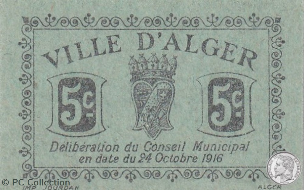 Ville d'Alger-24/10/1916 5 Centimes Vert (1) billets afrique algerie ville alger 24 10 1916 5 centimes vert 1