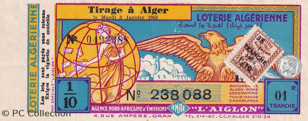 Loterie Algérienne 1/10éme 1ere Tranche 1956 billets afrique loterie algerienne 1 10eme 1ere tranche 1956