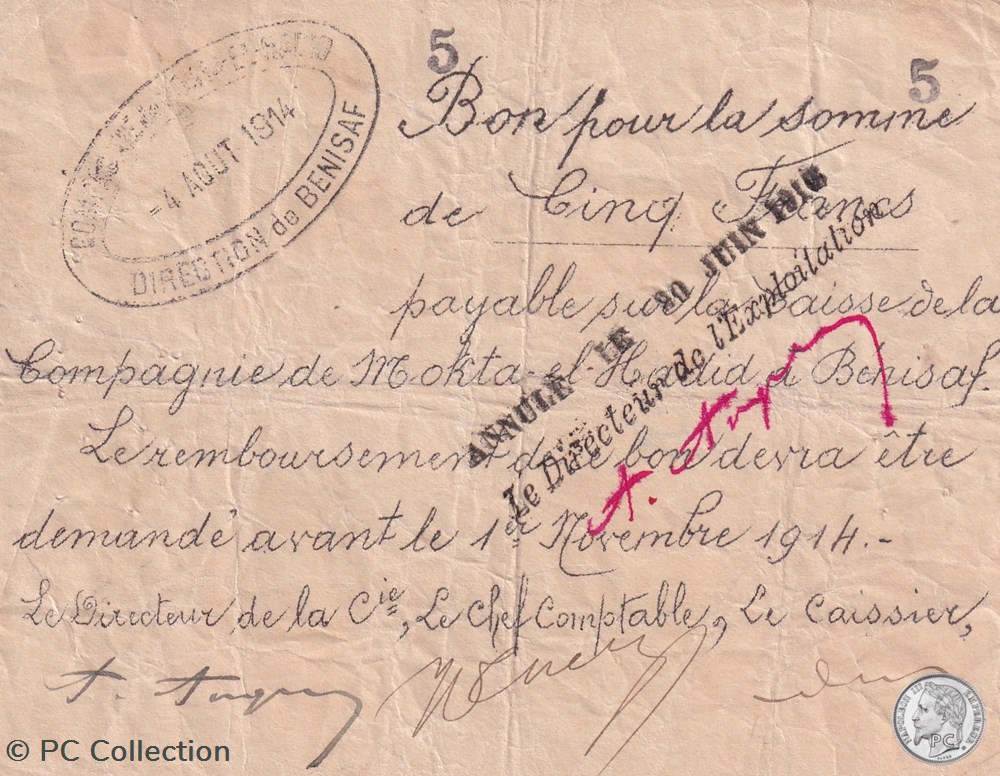 Béni-Saf 6 - 5 francs annulé - 04/08/1914 billets afrique algerie beni saf 6 5 francs annule 04 08 1914