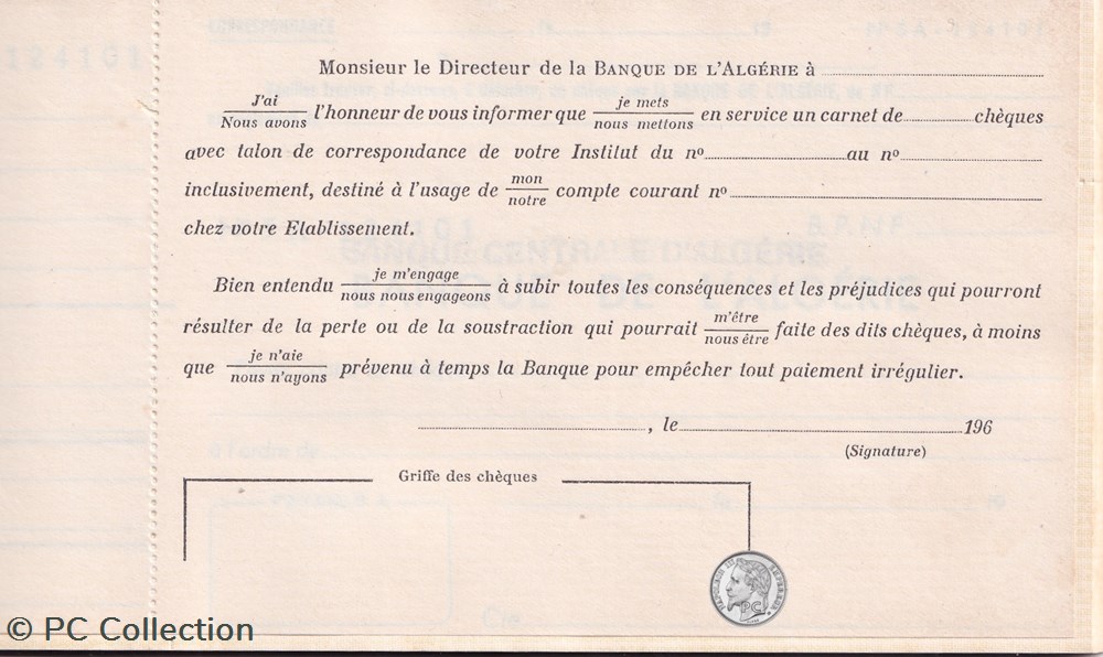 Carnet de chéques BANQUE CENTRALE D'ALGERIE 2 billets afrique carnet de cheques banque centrale algerie