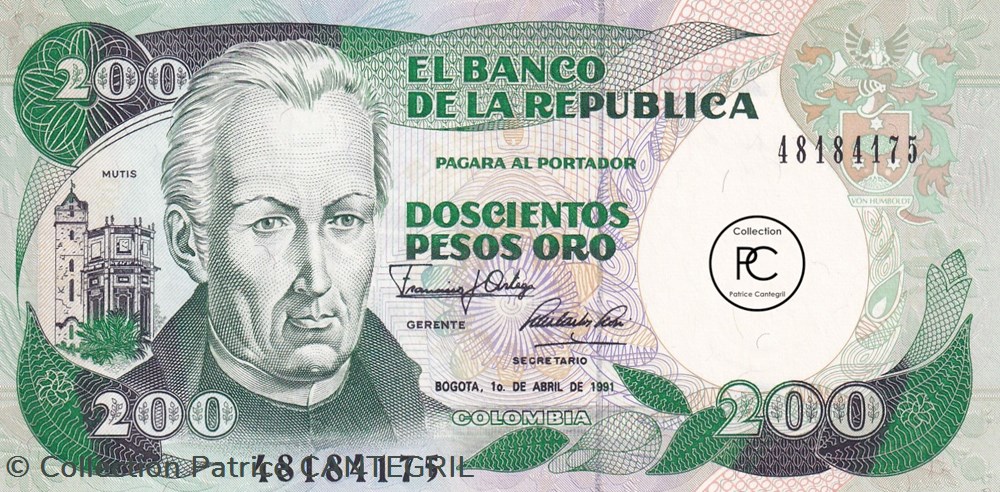 1991 Pick429d.6 200 Peso oro colombien Unc billets amerique du sud 1991 pick429d 6 200 peso oro colombien unc
