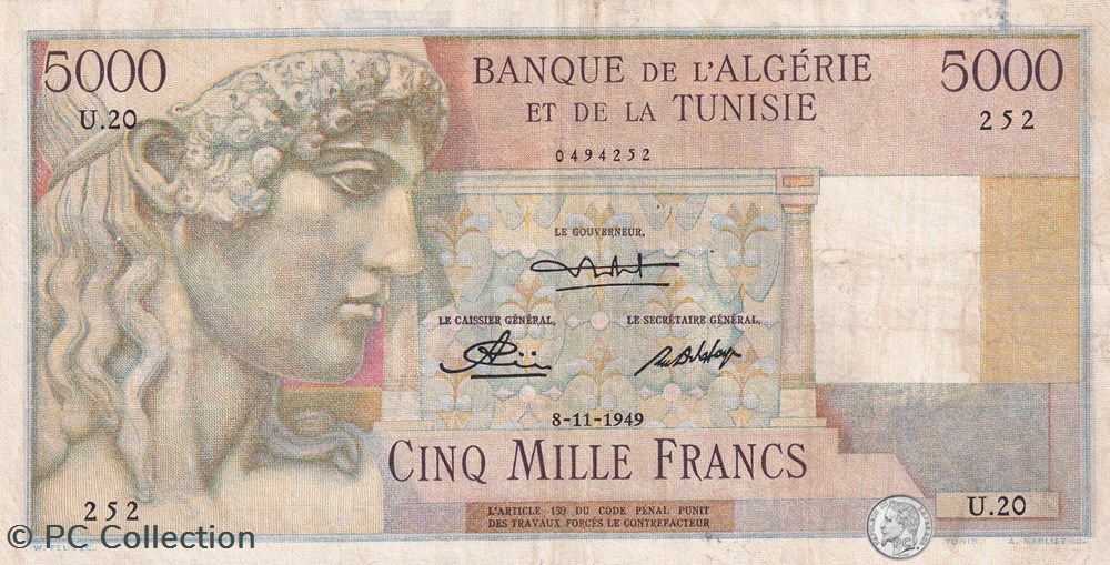 1949 Pick 27 5000 Francs Banque de l'Algérie et de la Tunisie 8-11-1949 Rare billets afrique 1949 pick 27 5000 francs banque de algerie et de la tunisie 8 11 1949 rare