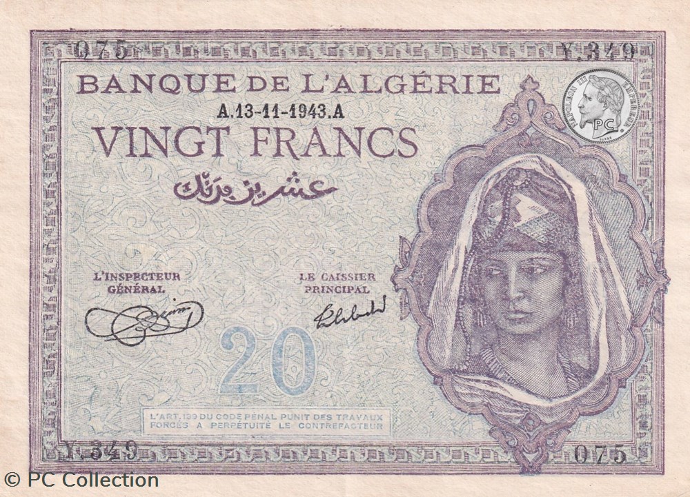 1943 Pick-92a 075 20 Franc algérien Spl billets afrique 1943 pick 92a 075 20 franc algerien spl