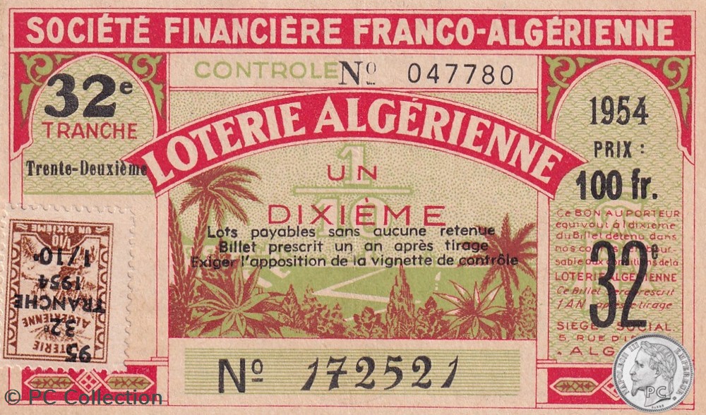 1954 Loterie Franco Algérienne 1/10 éme 32 éme Tranche (3) billets afrique 1954 loterie franco algerienne 1 10 eme 32 eme tranche 3