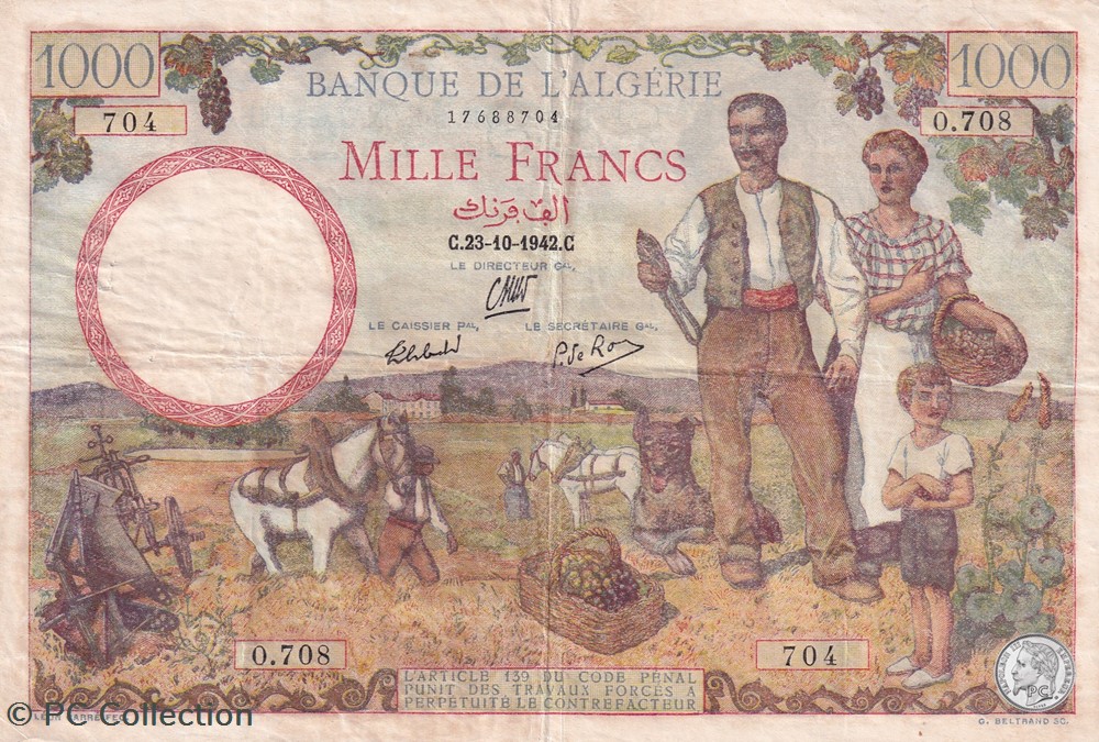1942 Pick89 1 000 Franc algérien TB+ billets afrique 1942 pick89 1 000 franc algerien tb