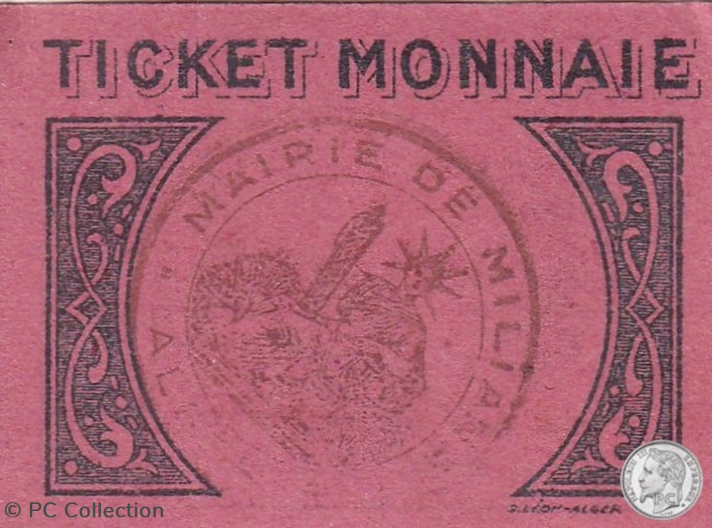 MILIANA 1 0,05 franc Rose 1916 billets afrique algerie miliana 1 0 05 franc rose 1916