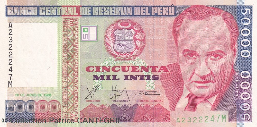 50.000 Intis Banco Central de Reserva del Perú 28.06.1988 Unc Pick 142 billets amerique du sud perou 50 000 intis banco central de reserva del peru 28 06 1988 unc pick 142