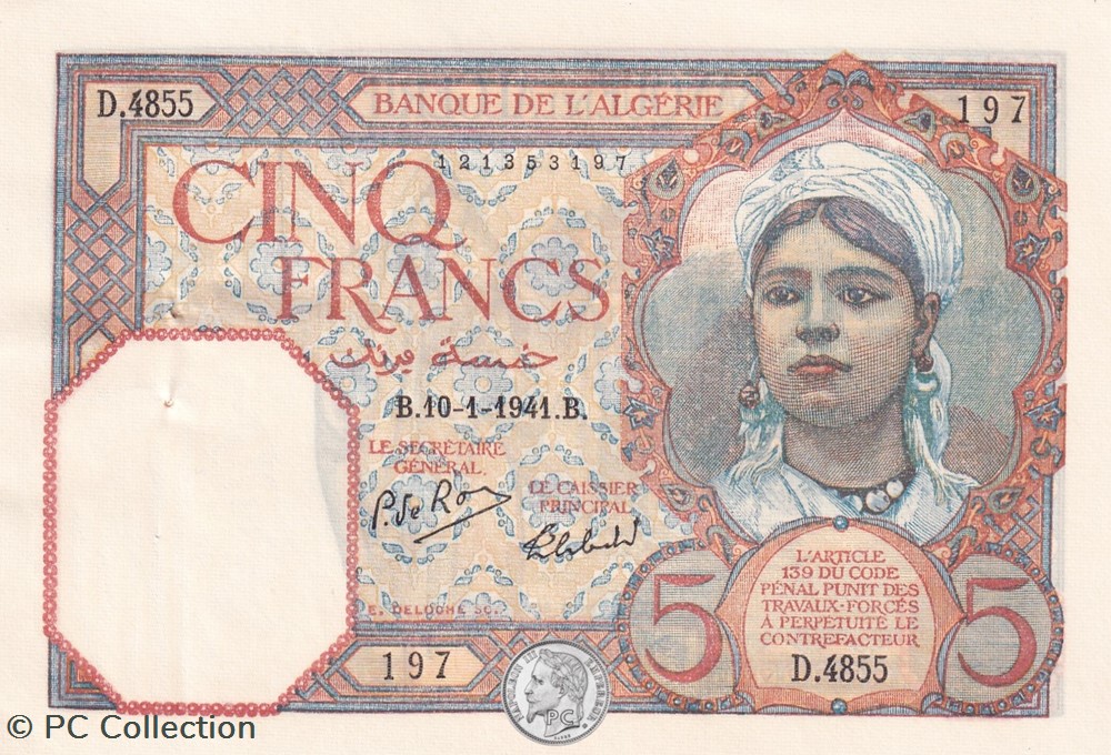1941 Pick77b.1 5 Franc algérien 197 Spl billets afrique 1941 pick77b 1 5 franc algerien 197 spl