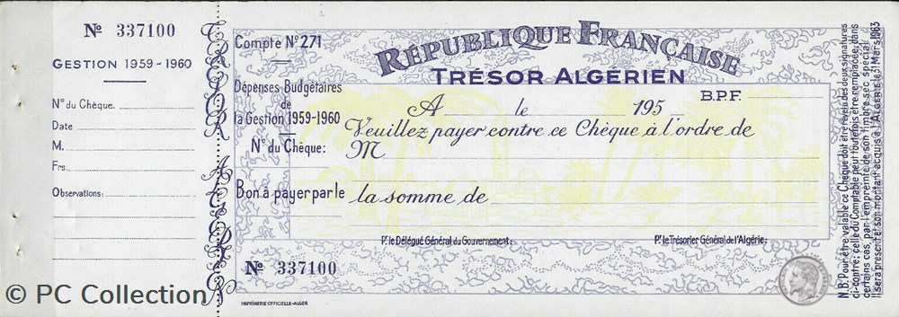 TRÉSOR ALGÉRIEN Chèque vierge avec souche Exercice 1959 - 1960 Très bon état billets afrique tresor algerien cheque vierge avec souche exercice 1959 1960 tres bon etat