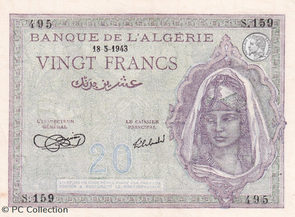 1943 Pick-92a 20 Franc algérien Sup billets afrique 1943 pick 92a 20 franc algerien sup