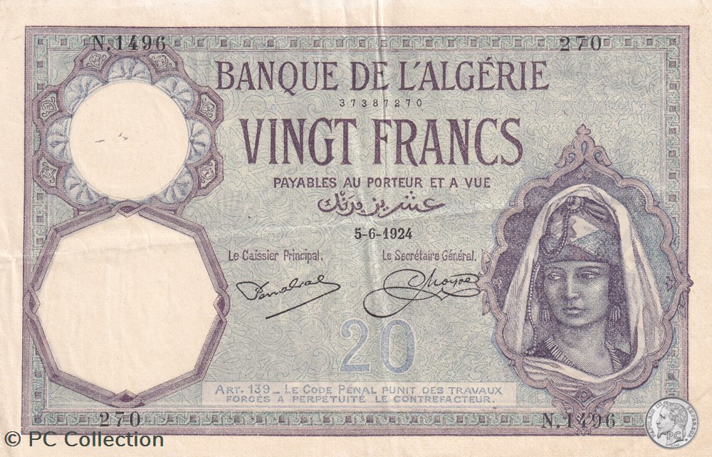 1924 Pick78a- N-1496 270- 20 Franc algérien TTB billets afrique 1924 pick78a n 1496 270 20 franc algerien ttb