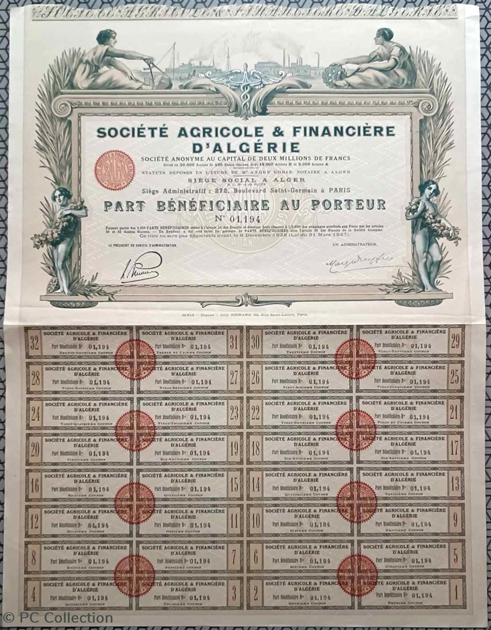 Société Agricole D'Algerie documents anciens actions titres societe agricole algerie