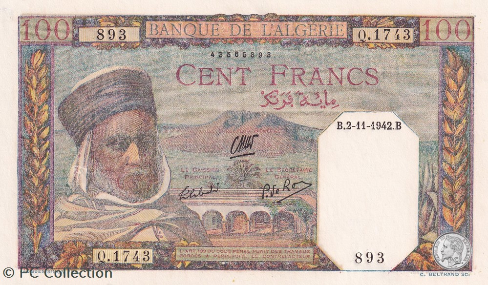 1942 Pick88 893 100 Franc algérien Unc billets afrique 1942 pick88 893 100 franc algerien unc