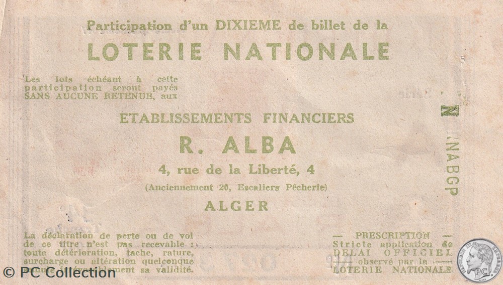 Loterie Algérienne 1/10éme 34éme Tranche 1947 billets afrique loterie algerienne 1 10eme 34eme tranche 1947