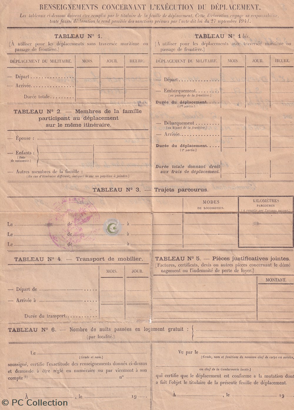 documents anciens feuille de deplacement 5eme region aerienne 1959