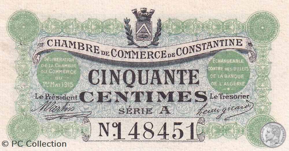 billets afrique algerie 140 1 1 5 1915 constantine 50 cts cdc series a