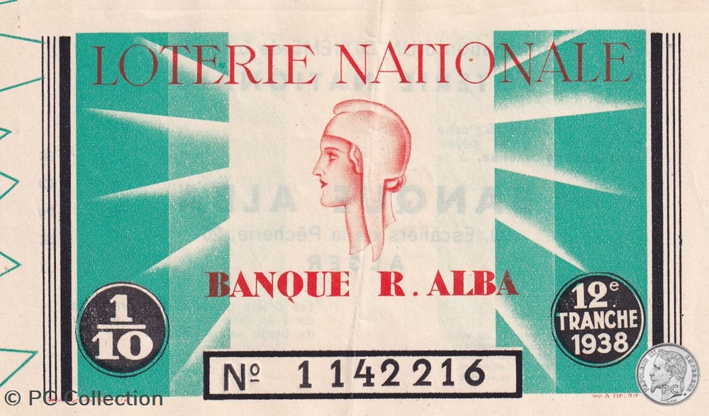 Loterie Algérienne 1/10éme 12eTranche 1938 billets afrique loterie algerienne 1 10eme 12etranche 1938