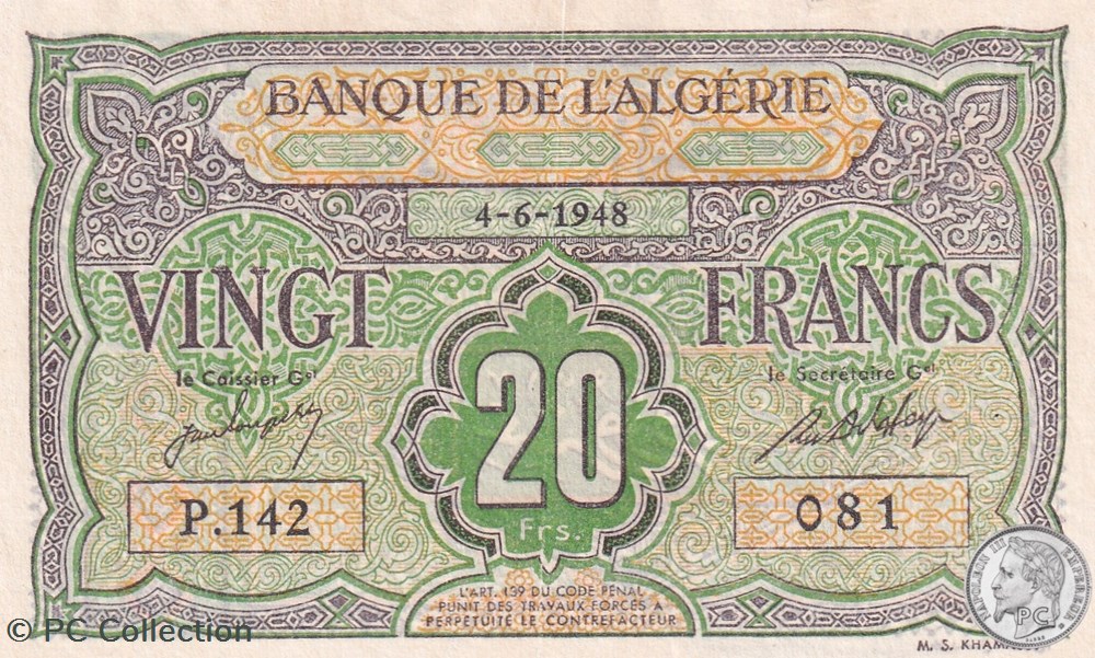 billets afrique 1948 pick22a 20 franc algerien 4 6 1948 sup