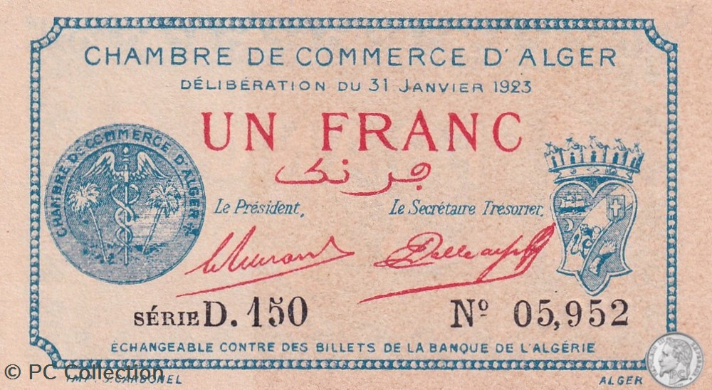 137-26-31/1/1923 Alger 1 Franc Cdc.(2) billets afrique algerie 137 26 31 1 1923 alger 1 franc cdc 2
