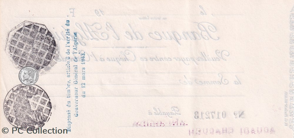 Très rare Chèque Banque Algérie avec filigrane LION billets afrique tres rare cheque banque algerie avec filigrane lion