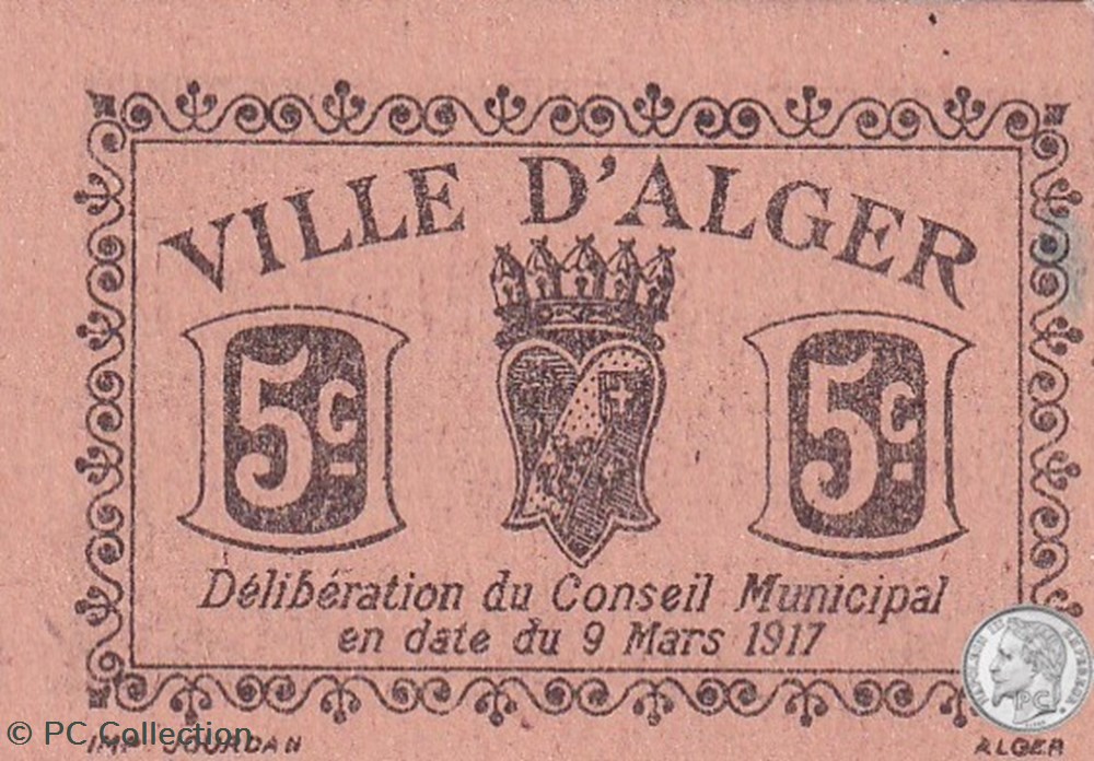 Ville d'Alger- 9/3/1917 5 Centimes Beige (2) billets afrique algerie ville alger 9 3 1917 5 centimes beige 2
