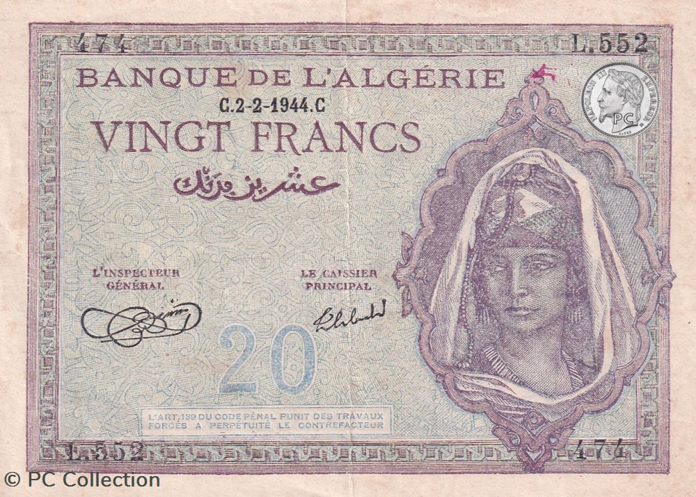 1944 Pick-92b.1 20 Franc algérien sup+ billets afrique 1944 pick 92b 1 20 franc algerien sup