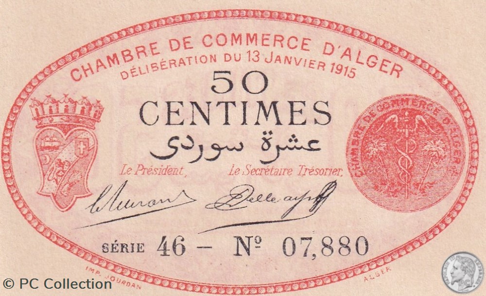 137-5-13/1/1915 Alger 50 cts Cdc. (1) billets afrique algerie 137 5 13 1 1915 alger 50 cts cdc 1