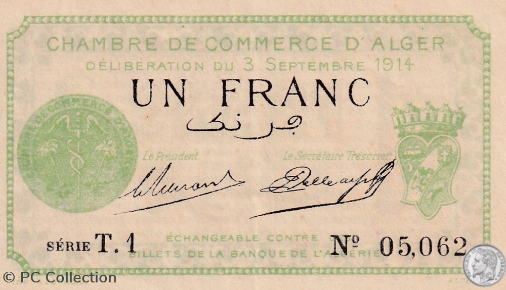 137-3-3/9/1914 Alger 1 Franc Cdc. (2) billets afrique algerie 137 3 3 9 1914 alger 1 franc cdc 2