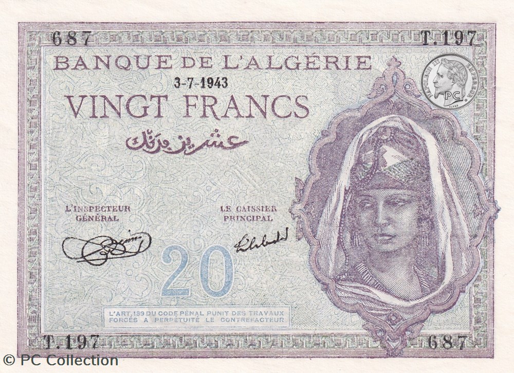 1943 Pick-92a 20 Franc algérien Unc billets afrique 1943 pick 92a 20 franc algerien unc