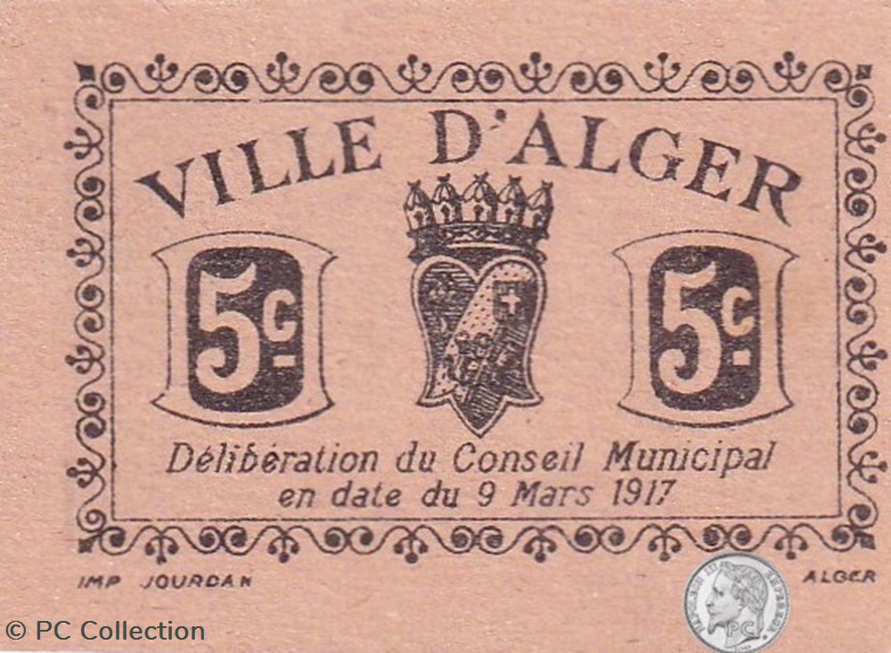 Ville d'Alger- 9/3/1917 5 Centimes Beige (1) billets afrique algerie ville alger 9 3 1917 5 centimes beige 1