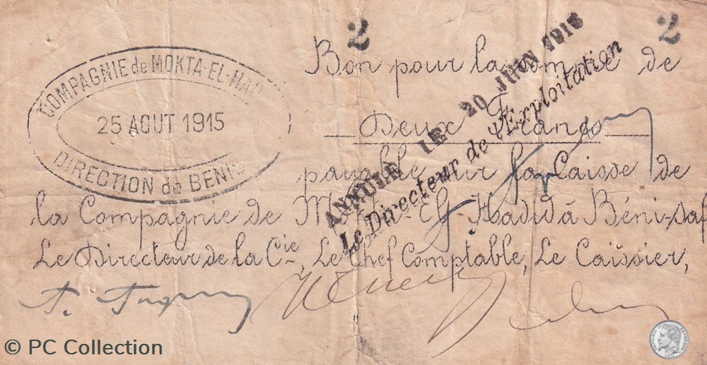 * Béni-Saf 13 - 2 francs annulé - 25/08/1915 billets afrique algerie beni saf 13 2 francs annule 25 08 1915