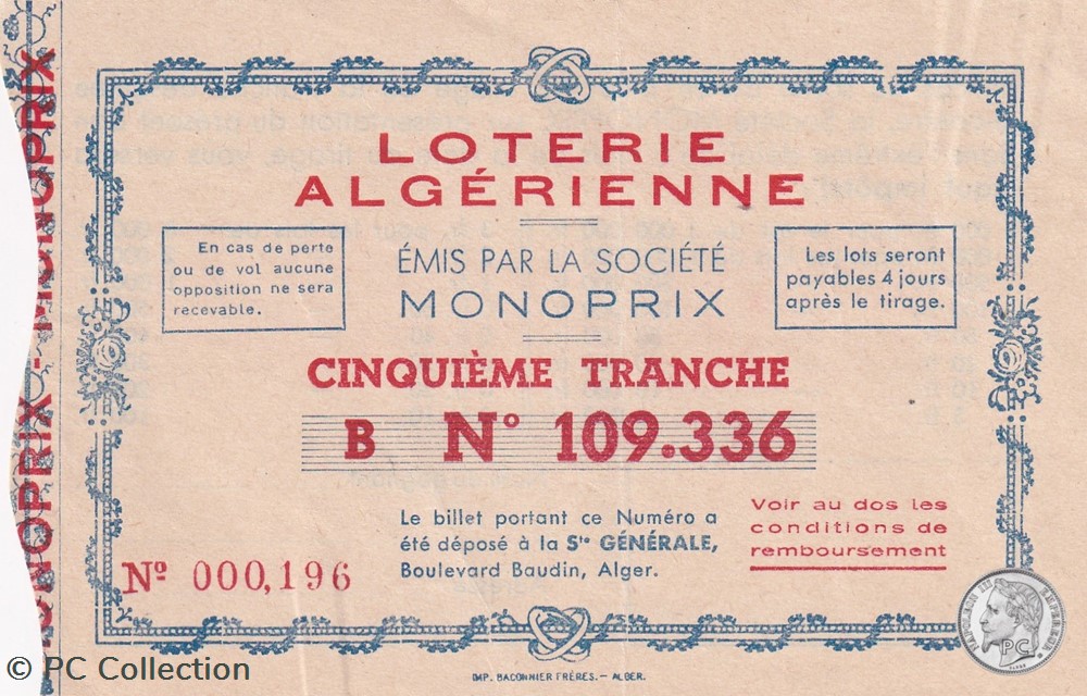 Loterie Algérienne 5éme Tranche sans date billets afrique loterie algerienne 5eme tranche sans date