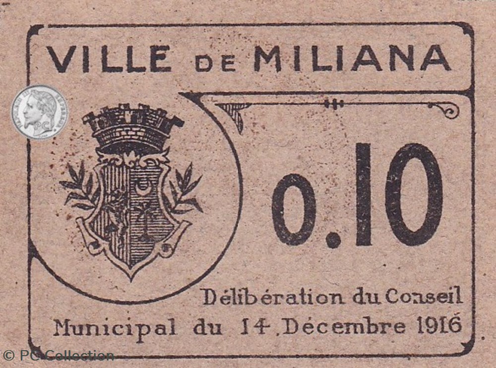 MILIANA 1 0,10 franc Gris 1916 billets afrique algerie miliana 1 0 10 franc gris 1916