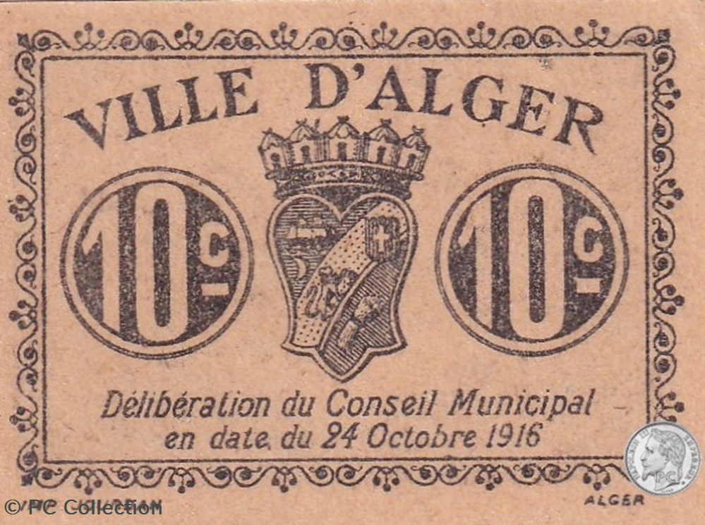 Ville d'Alger-24/10/1916 10 Centimes Beige (1) billets afrique algerie ville alger 24 10 1916 10 centimes beige 1