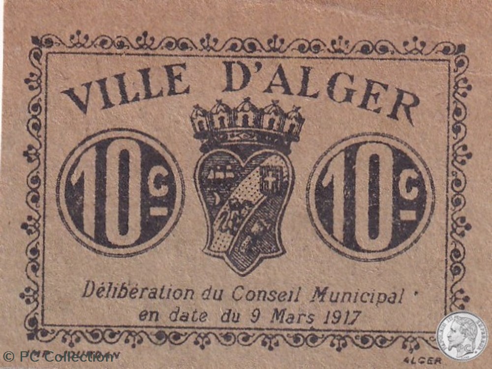 Ville d'Alger- 9/3/1917 10 Centimes Beige (2) billets afrique algerie ville alger 9 3 1917 10 centimes beige 2