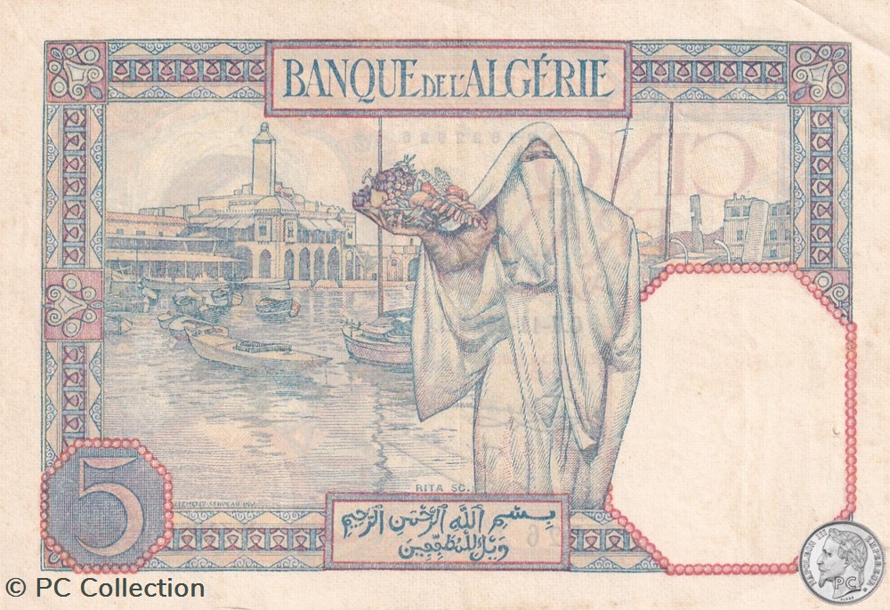 1928 Pick77a 5 Franc algérien Sup+ billets afrique 1928 pick77a 5 franc algerien sup