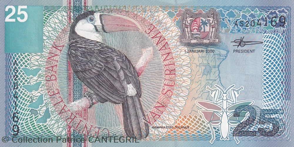 25 Gulden Centrale Bank van Suriname 01.01.2000 Unc Pick 148 billets amerique du sud 25 gulden centrale bank van suriname 01 01 2000 unc pick 148