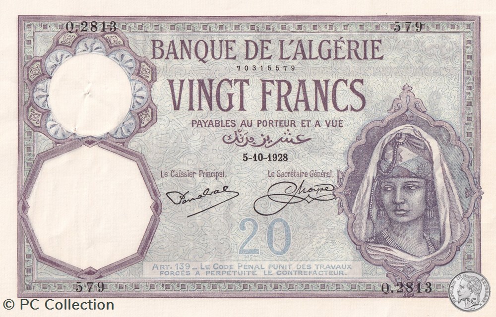 billets afrique 1928 pick78b 579 20 franc algerien spl