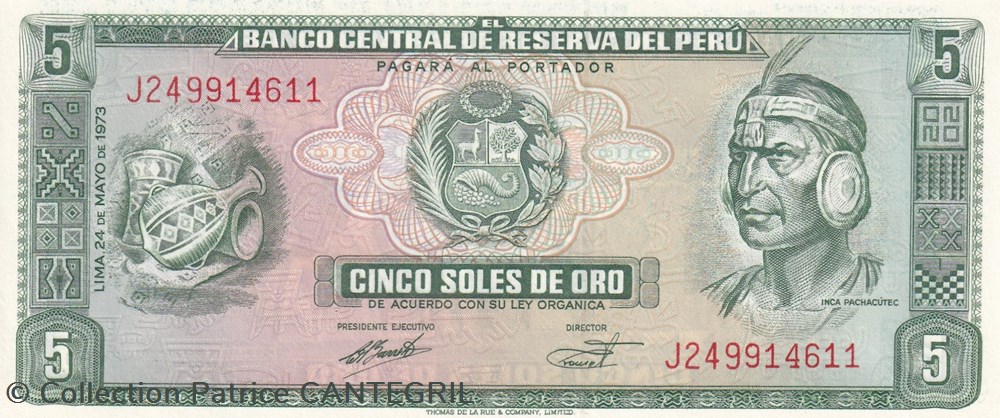 5 Soles de Oro Banco Central de Reserva del Perú 24.05.1973 Unc Pick 99c billets amerique du sud perou 5 soles de oro banco central de reserva del peru 24 05 1973 unc pick 99c