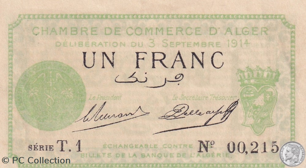 137-3-3/9/1914 Alger 1 Franc Cdc. (1) billets afrique algerie 137 3 3 9 1914 alger 1 franc cdc 1