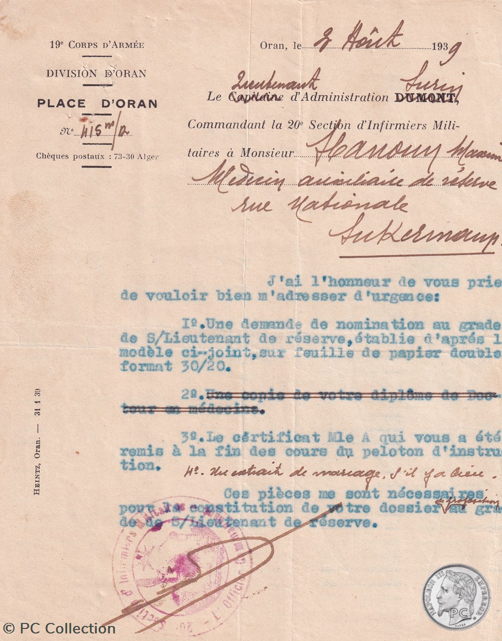 19 éme Corps d'armée Division d'Oran 1939 documents anciens 19 eme corps armee division oran 1939