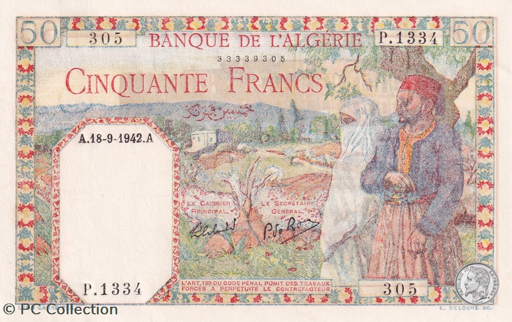 1942 Pick84 50 Franc algérien 305 Unc billets afrique 1942 pick84 50 franc algerien 305 unc