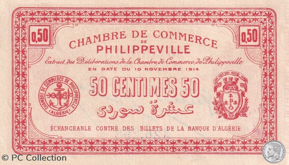 142-5- 10/11/1914 Philippeville 50 Centimes Cdc billets afrique algerie 142 5 10 11 1914 philippeville 50 centimes cdc