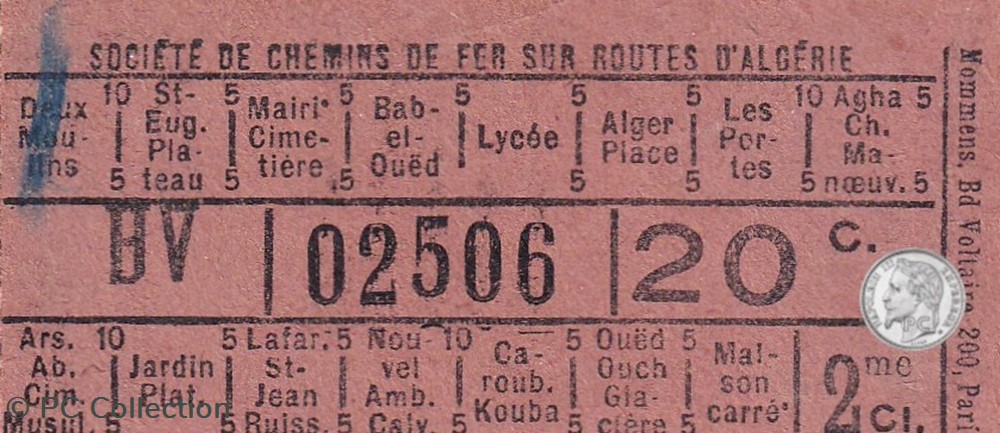 Ticket billet tramway début XXe - Tramways d'Alger 