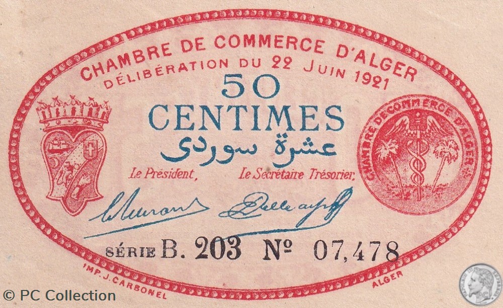 137-21-22/6/1921 Alger 50 cts Cdc. (1) billets afrique algerie 137 21 22 6 1921 alger 50 cts cdc 1