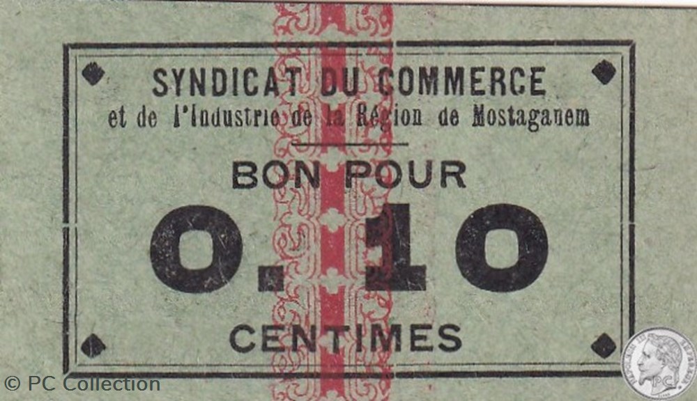 billets afrique algerie mostaganem 5 1916 10 centimes vert 1