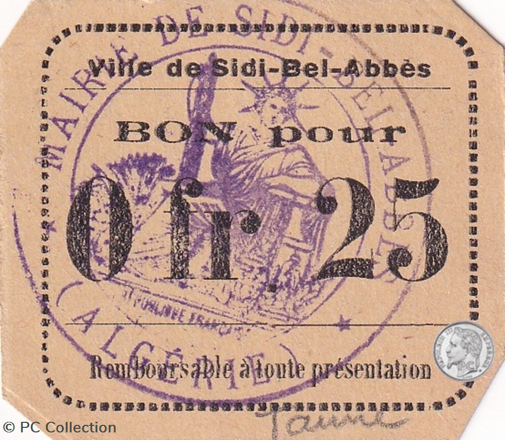 billets afrique algerie sidi bel abbes 9b 0 25 franc 1916
