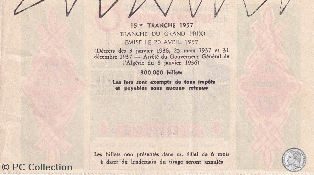 Loterie Algérienne 15éme Tranche 1957 billets afrique loterie algerienne 15eme tranche 1957