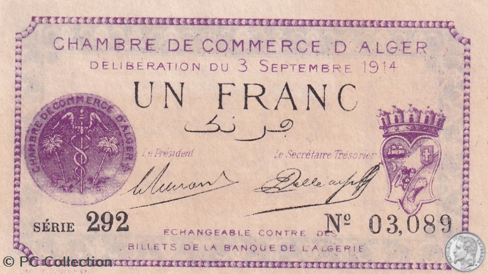 137-1 -3/9/1914 Alger 1 Franc Cdc. (5) billets afrique algerie 137 1 3 9 1914 alger 1 franc cdc 5